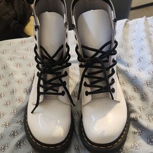 Dr. Martens White Patent Lace-Up Ankle Boots with Black Laces